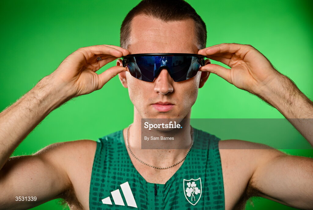 5 August 2026; Jack Raftery poses for a portrait during an Athletics Ireland European Championships kit day and media at the Sport Ireland Institute in Dublin. Photo by Sam Barnes/Sportsfile