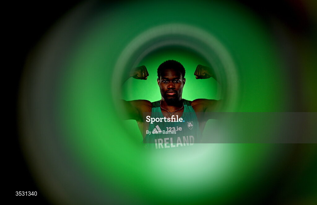 5 August 2026; Bori Akinola poses for a portrait during an Athletics Ireland European Championships kit day and media at the Sport Ireland Institute in Dublin. Photo by Sam Barnes/Sportsfile