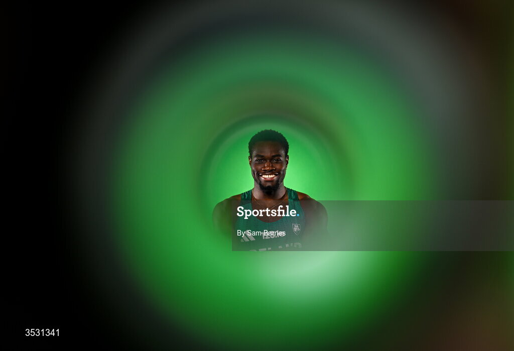 5 August 2026; Bori Akinola poses for a portrait during an Athletics Ireland European Championships kit day and media at the Sport Ireland Institute in Dublin. Photo by Sam Barnes/Sportsfile
