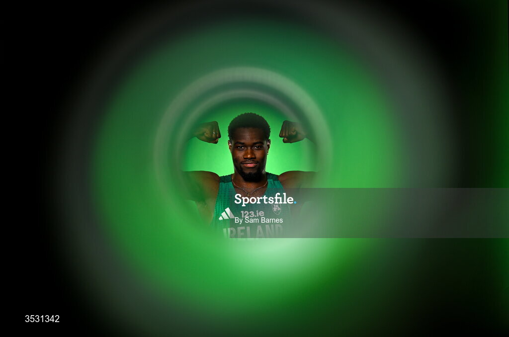 5 August 2026; Bori Akinola poses for a portrait during an Athletics Ireland European Championships kit day and media at the Sport Ireland Institute in Dublin. Photo by Sam Barnes/Sportsfile