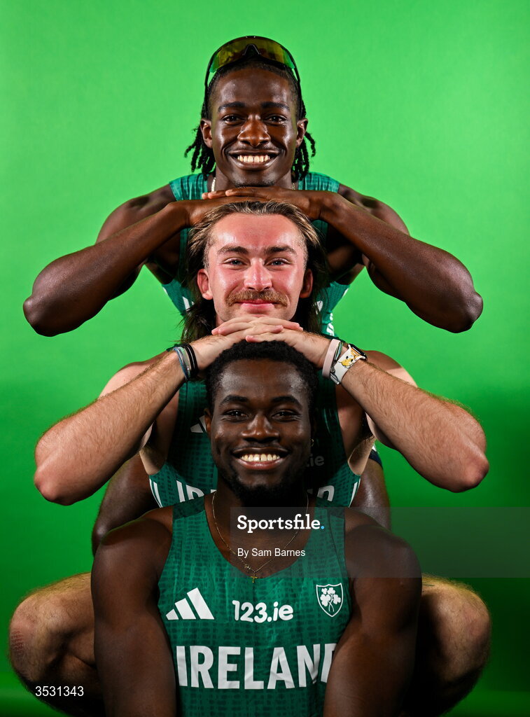 5 August 2026; The men's 4x100m relay team, from top, Sean Aigboboh, Ryan Mulholland and Bori Akinola pose for a portrait during an Athletics Ireland European Championships kit day and media at the Sport Ireland Institute in Dublin. Photo by Sam Barnes/Sportsfile