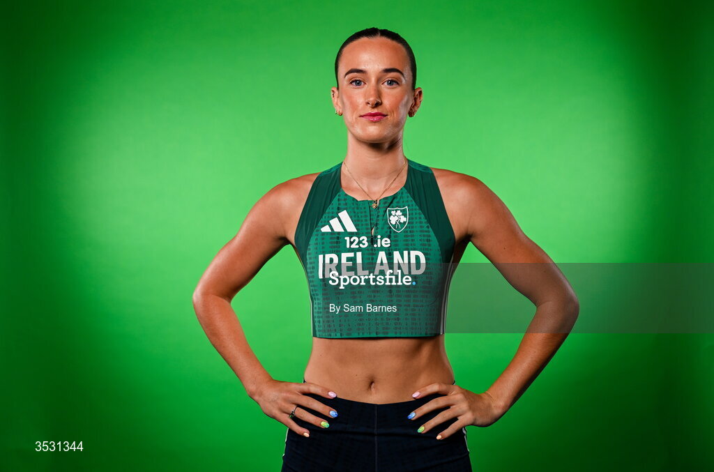 5 August 2026; Ciara Neville poses for a portrait during an Athletics Ireland European Championships kit day and media at the Sport Ireland Institute in Dublin. Photo by Sam Barnes/Sportsfile