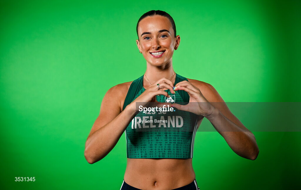 5 August 2026; Ciara Neville poses for a portrait during an Athletics Ireland European Championships kit day and media at the Sport Ireland Institute in Dublin. Photo by Sam Barnes/Sportsfile