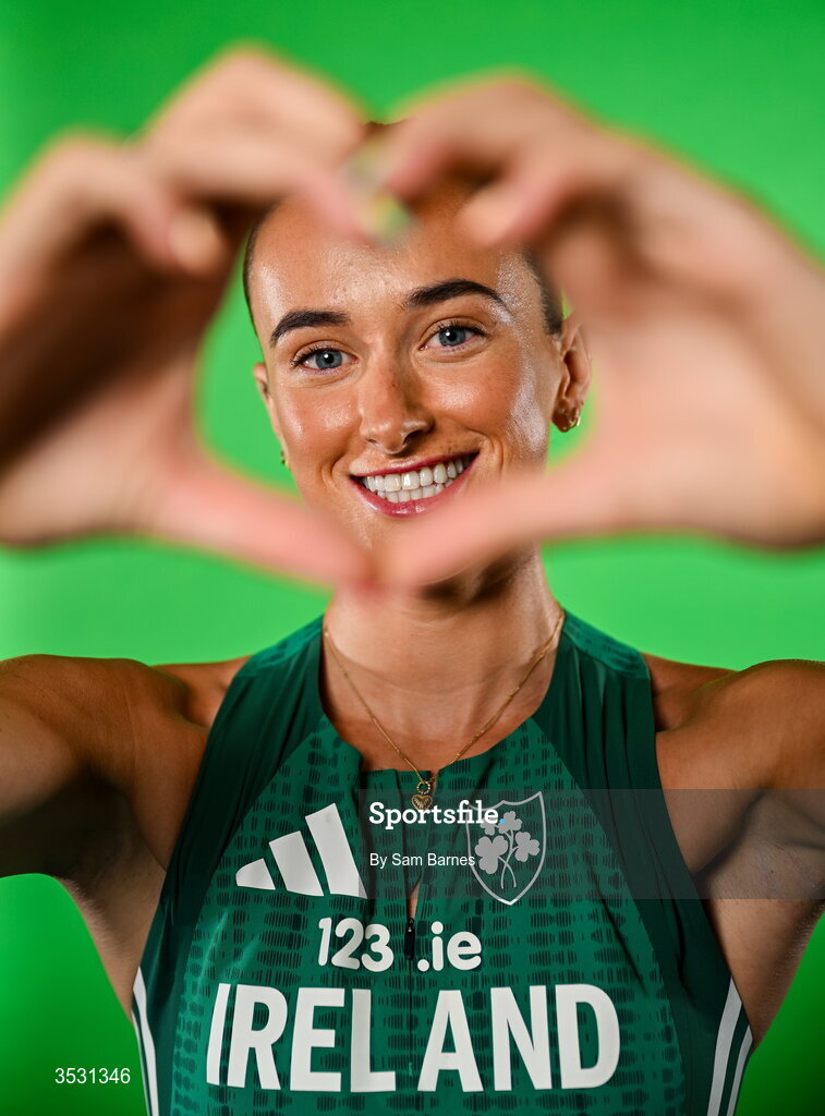 5 August 2026; Ciara Neville poses for a portrait during an Athletics Ireland European Championships kit day and media at the Sport Ireland Institute in Dublin. Photo by Sam Barnes/Sportsfile