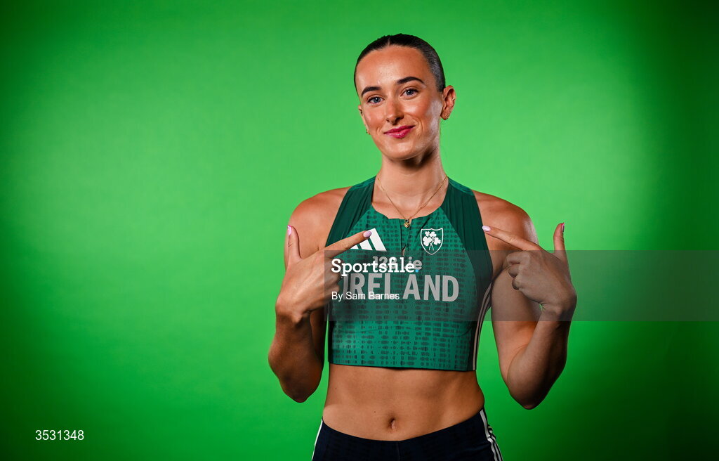 5 August 2026; Ciara Neville poses for a portrait during an Athletics Ireland European Championships kit day and media at the Sport Ireland Institute in Dublin. Photo by Sam Barnes/Sportsfile