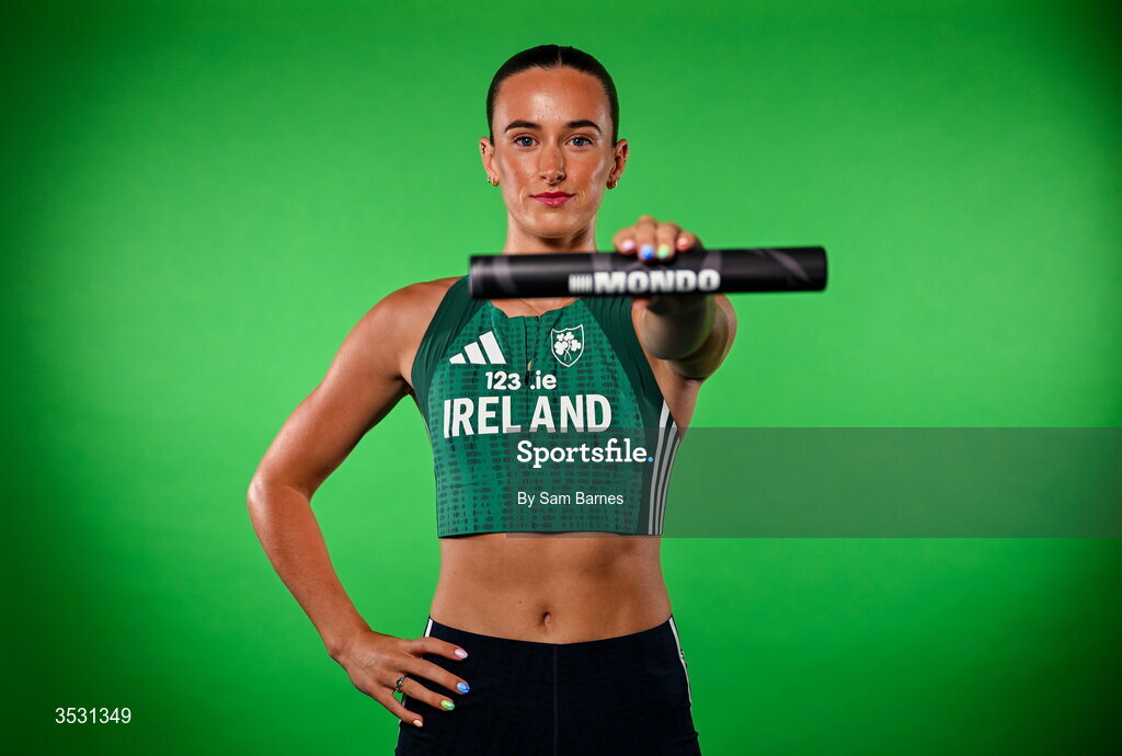 5 August 2026; Ciara Neville poses for a portrait during an Athletics Ireland European Championships kit day and media at the Sport Ireland Institute in Dublin. Photo by Sam Barnes/Sportsfile