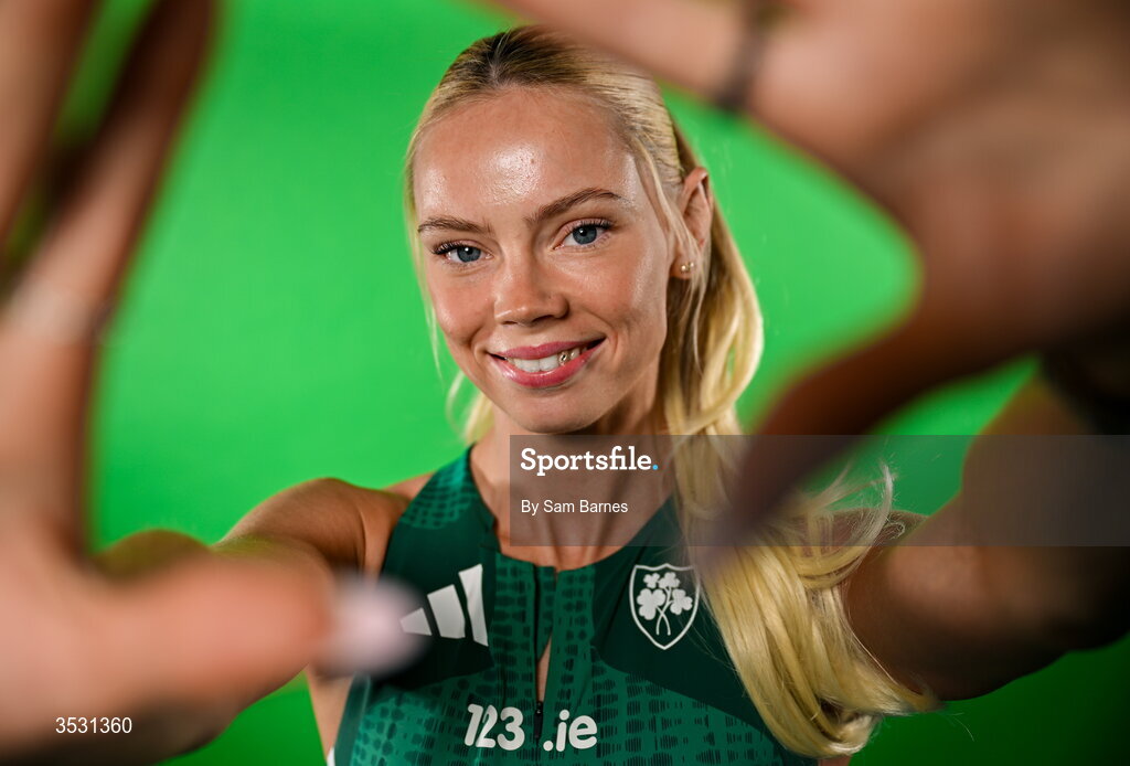 5 August 2026; Lauren Roy poses for a portrait during an Athletics Ireland European Championships kit day and media at the Sport Ireland Institute in Dublin. Photo by Sam Barnes/Sportsfile