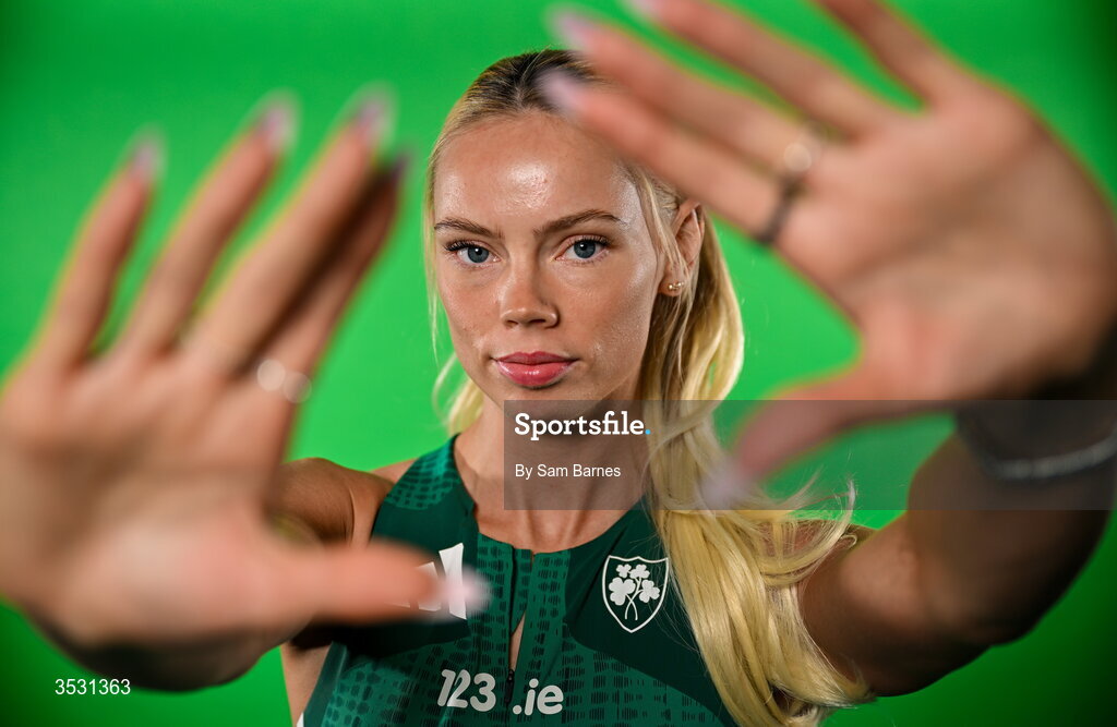5 August 2026; Lauren Roy poses for a portrait during an Athletics Ireland European Championships kit day and media at the Sport Ireland Institute in Dublin. Photo by Sam Barnes/Sportsfile