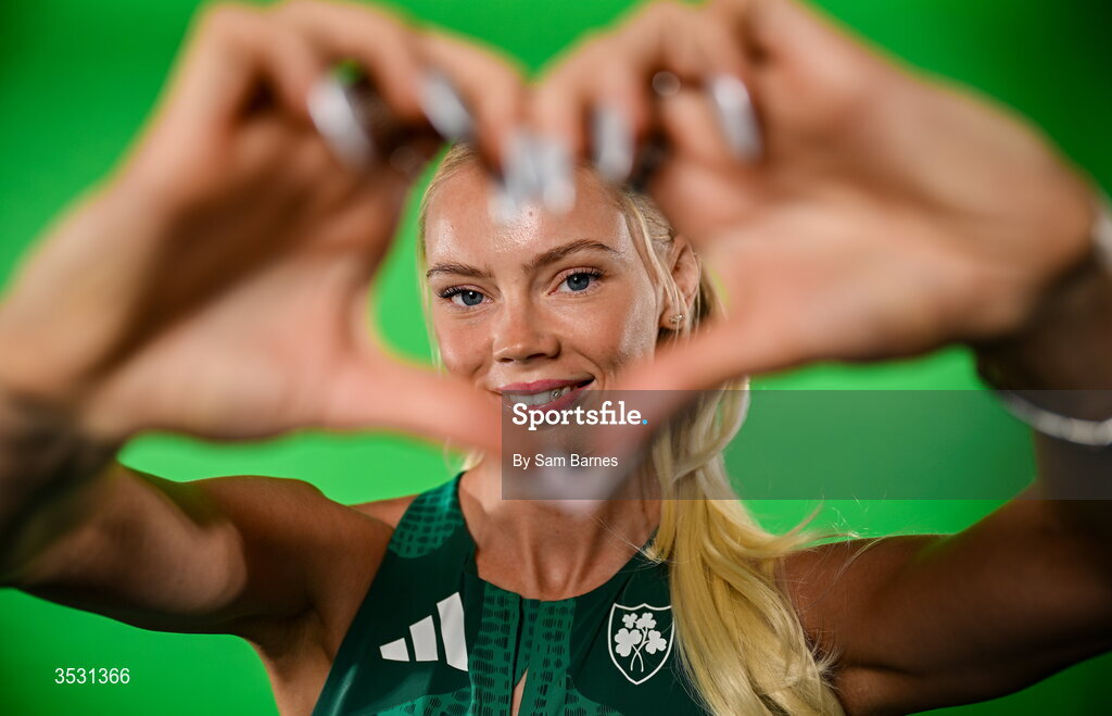 5 August 2026; Lauren Roy poses for a portrait during an Athletics Ireland European Championships kit day and media at the Sport Ireland Institute in Dublin. Photo by Sam Barnes/Sportsfile