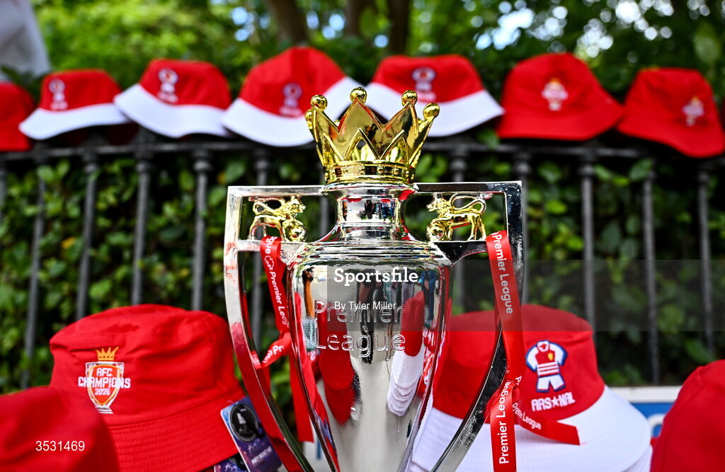 5 August 2026; A replica of the Premier League trophy is seen outside the ground before the pre-season friendly match between Arsenal and Real Betis at the Aviva Stadium in Dublin. Photo by Tyler Miller/Sportsfile