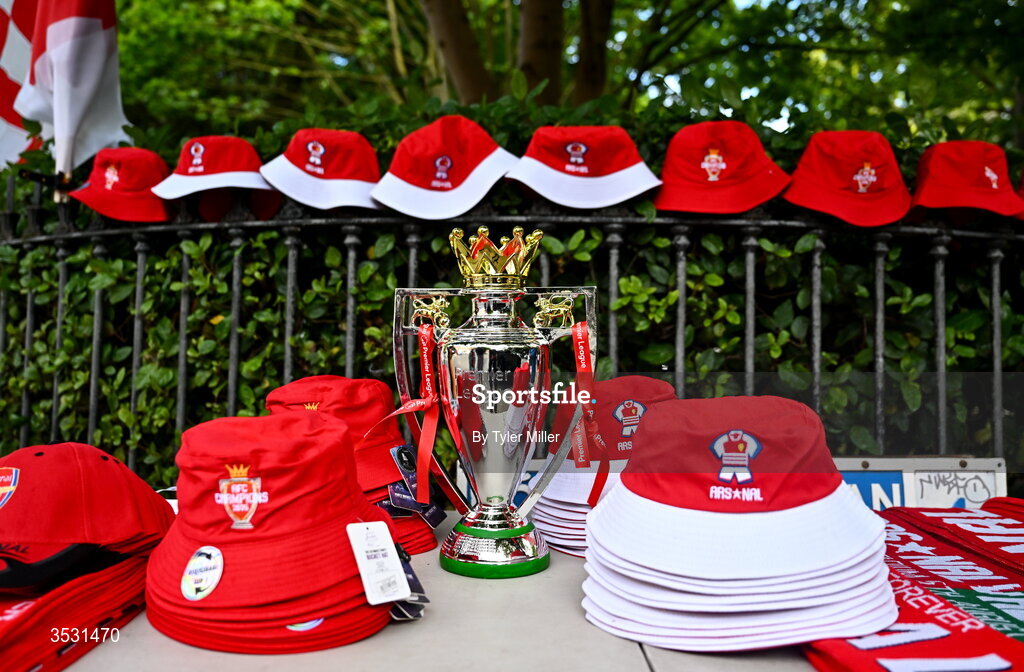 5 August 2026; A replica of the Premier League trophy is seen outside the ground before the pre-season friendly match between Arsenal and Real Betis at the Aviva Stadium in Dublin. Photo by Tyler Miller/Sportsfile