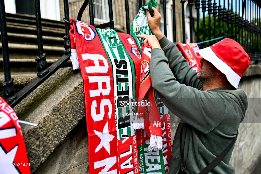 5 August 2026; Merchandise seller Barry Kavanagh outside the ground before the pre-season friendly match between Arsenal and Real Betis at the Aviva Stadium in Dublin. Photo by Tyler Miller/Sportsfile