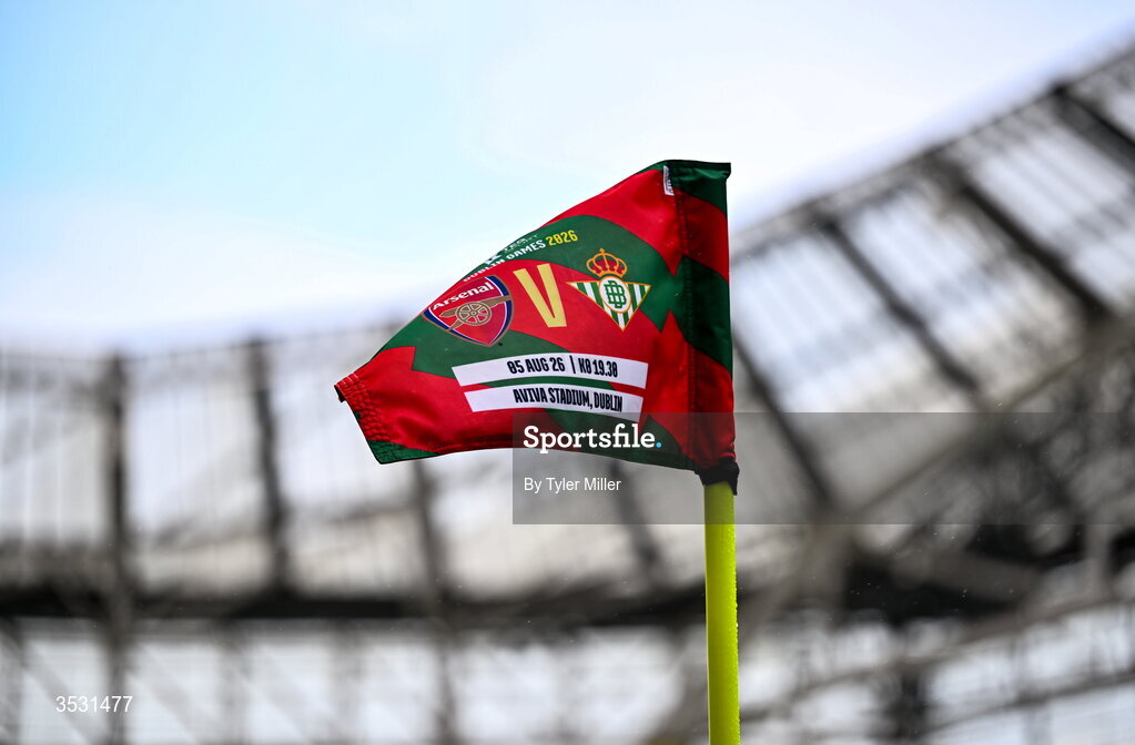 5 August 2026; A corner flag with the match details before the pre-season friendly match between Arsenal and Real Betis at the Aviva Stadium in Dublin. Photo by Tyler Miller/Sportsfile