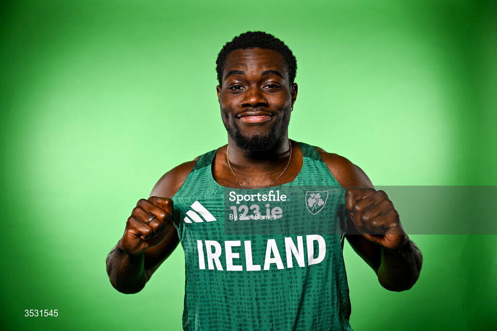 5 August 2026; Bori Akinola poses for a portrait during an Athletics Ireland European Championships team day at the Sport Ireland Institute in Dublin. Photo by Sam Barnes/Sportsfile