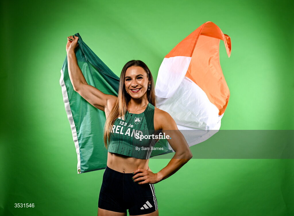 5 August 2026; Sarah Leahy poses for a portrait during an Athletics Ireland European Championships team day at the Sport Ireland Institute in Dublin. Photo by Sam Barnes/Sportsfile