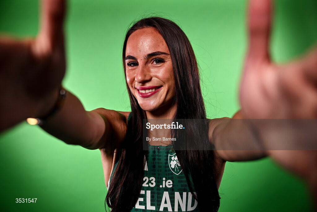 5 August 2026; Abbie Sheridan poses for a portrait during an Athletics Ireland European Championships team day at the Sport Ireland Institute in Dublin. Photo by Sam Barnes/Sportsfile