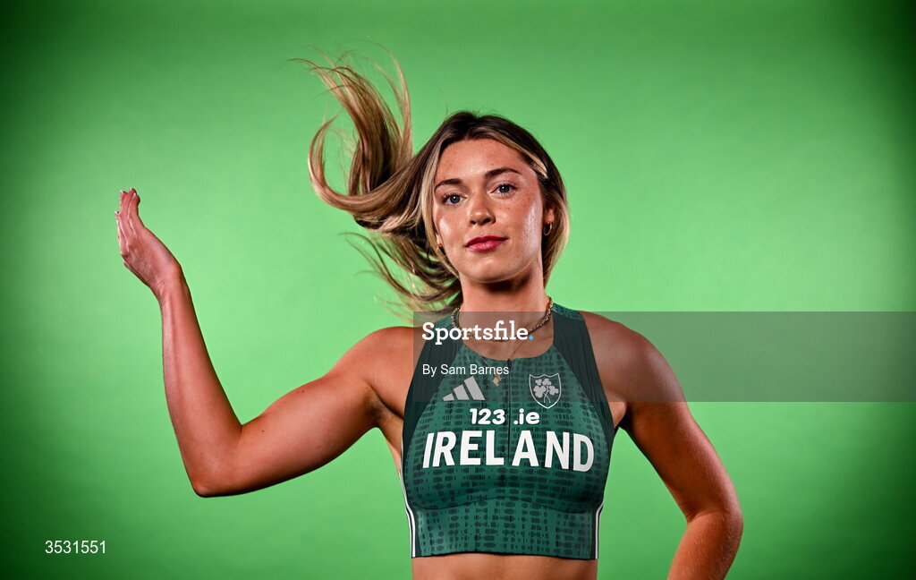 5 August 2026; Lucy-May Sleeman poses for a portrait during an Athletics Ireland European Championships team day at the Sport Ireland Institute in Dublin. Photo by Sam Barnes/Sportsfile