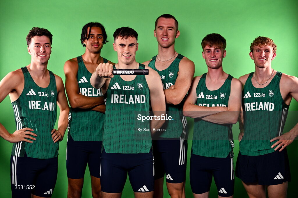 5 August 2026; The men's 4x400m relay team, from left, Darragh Murphy, Sean Doggett, Ciarán Carthy, Jack Raftery, Joe Doody and Andrew Egan pose for a portrait during an Athletics Ireland European Championships kit day and media at the Sport Ireland Institute in Dublin.  Photo by Sam Barnes/Sportsfile