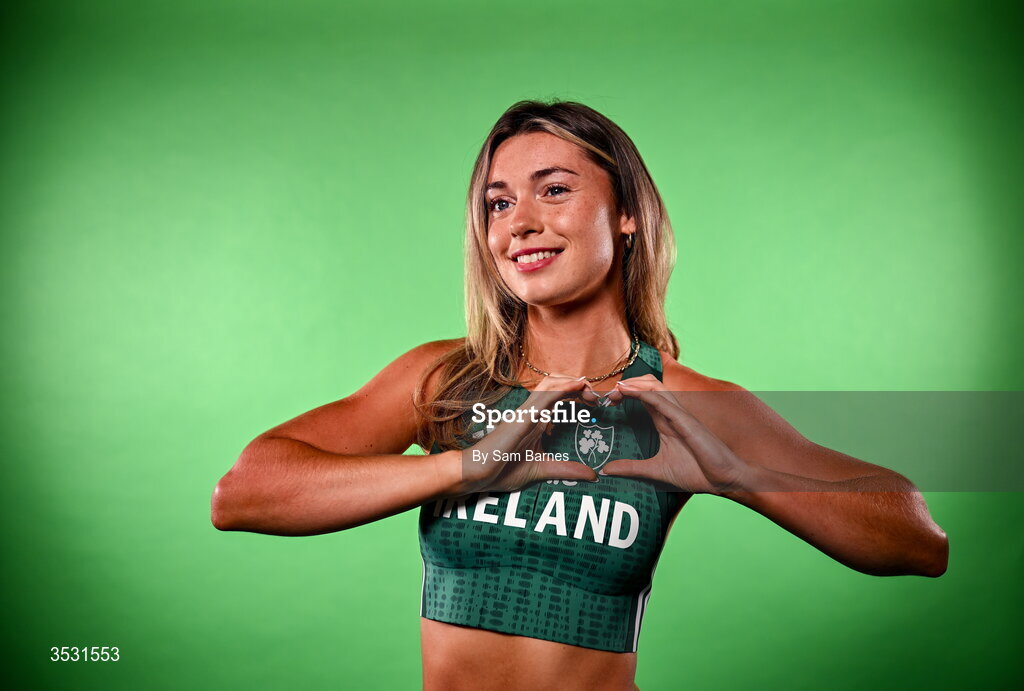 5 August 2026; Lucy-May Sleeman poses for a portrait during an Athletics Ireland European Championships team day at the Sport Ireland Institute in Dublin. Photo by Sam Barnes/Sportsfile