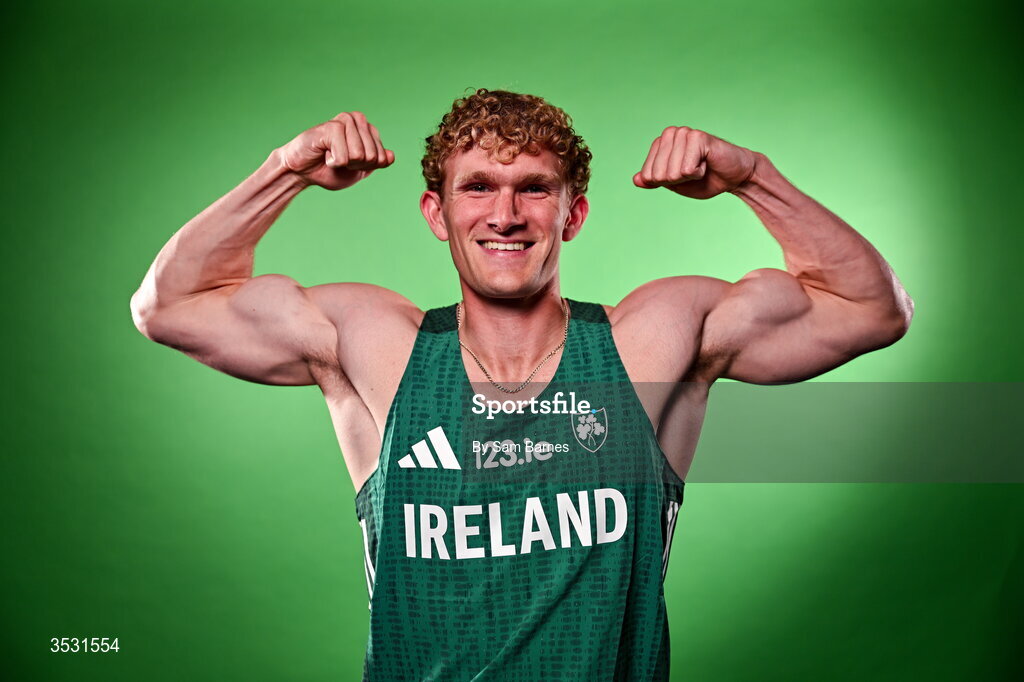 5 August 2026; Andrew Egan poses for a portrait during an Athletics Ireland European Championships team day at the Sport Ireland Institute in Dublin. Photo by Sam Barnes/Sportsfile