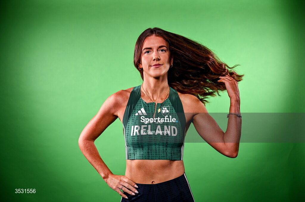 5 August 2026; Arlene Crossan poses for a portrait during an Athletics Ireland European Championships team day at the Sport Ireland Institute in Dublin. Photo by Sam Barnes/Sportsfile