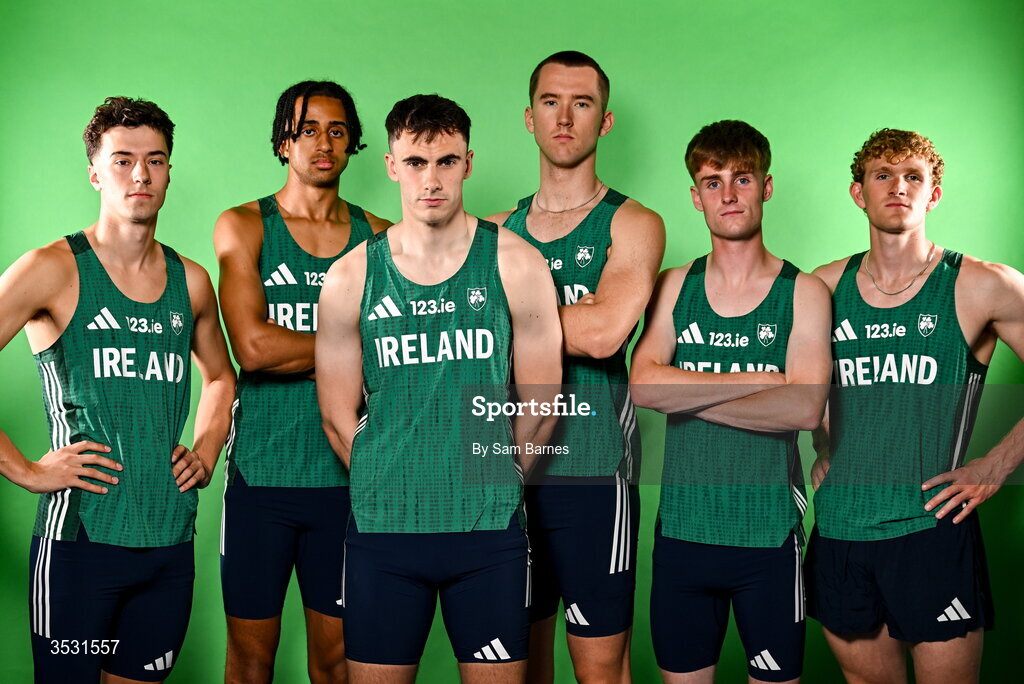 5 August 2026; The men's 4x400m relay team, from left, Darragh Murphy, Sean Doggett, Ciarán Carthy, Jack Raftery, Joe Doody and Andrew Egan pose for a portrait during an Athletics Ireland European Championships kit day and media at the Sport Ireland Institute in Dublin.  Photo by Sam Barnes/Sportsfile