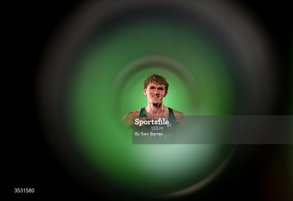 5 August 2026; Andrew Egan poses for a portrait during an Athletics Ireland European Championships team day at the Sport Ireland Institute in Dublin. Photo by Sam Barnes/Sportsfile