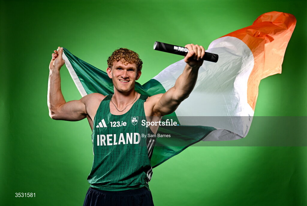 5 August 2026; Andrew Egan poses for a portrait during an Athletics Ireland European Championships team day at the Sport Ireland Institute in Dublin. Photo by Sam Barnes/Sportsfile
