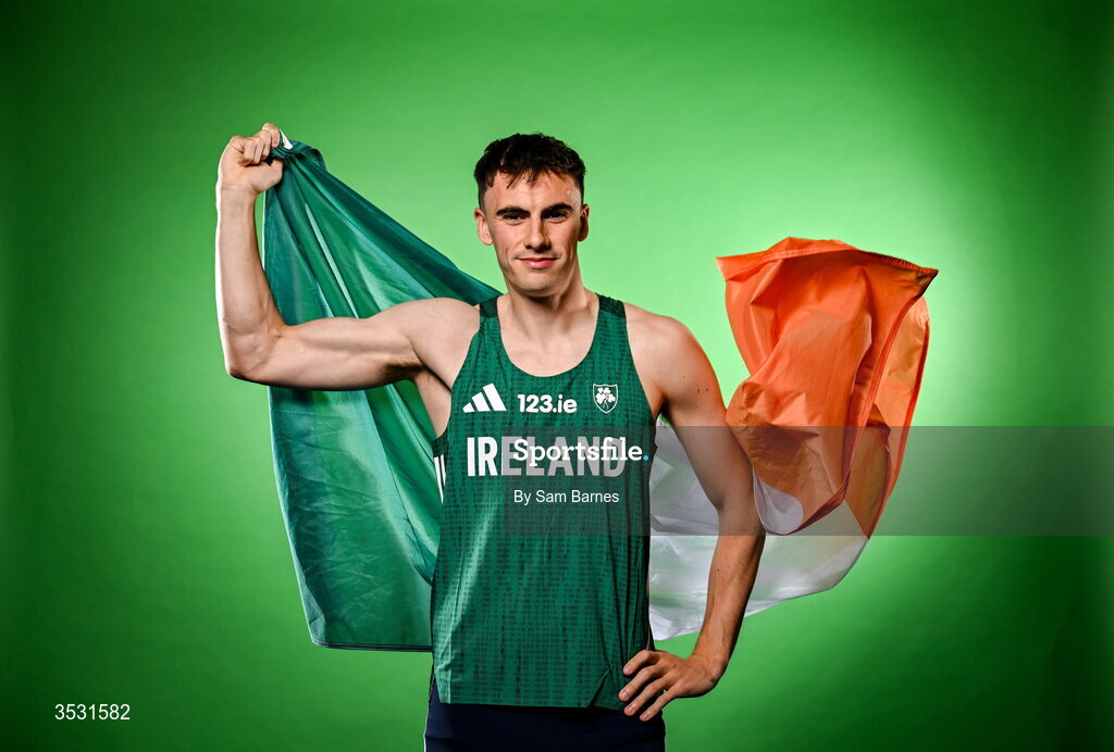 5 August 2026; Ciarán Carthy poses for a portrait during an Athletics Ireland European Championships team day at the Sport Ireland Institute in Dublin. Photo by Sam Barnes/Sportsfile
