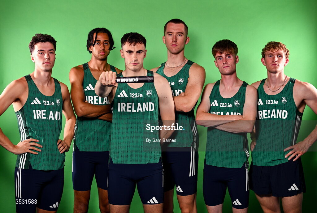 5 August 2026; The men's 4x400m relay team, from left, Darragh Murphy, Sean Doggett, Ciarán Carthy, Jack Raftery, Joe Doody and Andrew Egan pose for a portrait during an Athletics Ireland European Championships kit day and media at the Sport Ireland Institute in Dublin.  Photo by Sam Barnes/Sportsfile