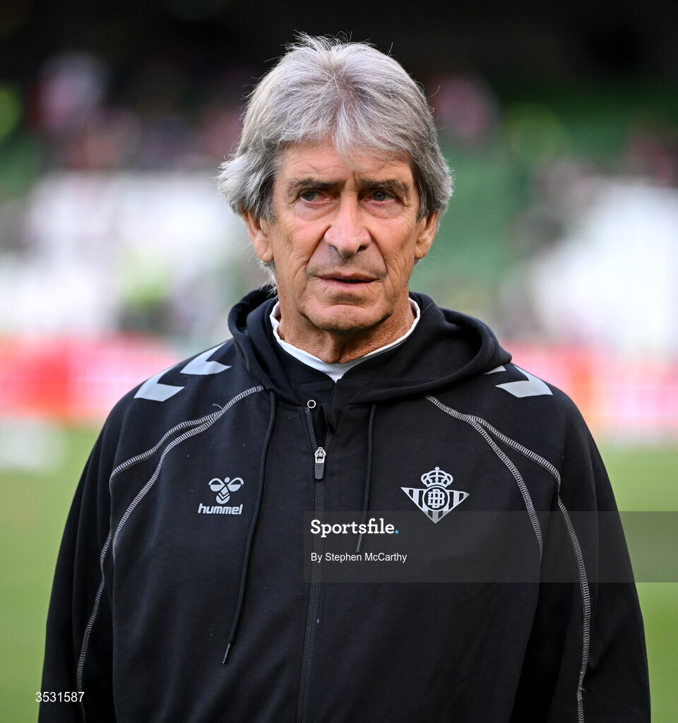 5 August 2026; Real Betis manager Manuel Pellegrini before the pre-season friendly match between Arsenal and Real Betis at the Aviva Stadium in Dublin. Photo by Stephen McCarthy/Sportsfile