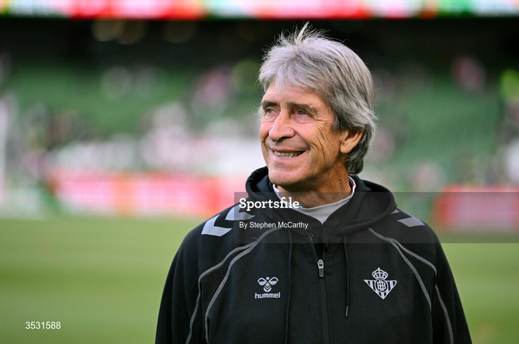 5 August 2026; Real Betis manager Manuel Pellegrini before the pre-season friendly match between Arsenal and Real Betis at the Aviva Stadium in Dublin. Photo by Stephen McCarthy/Sportsfile