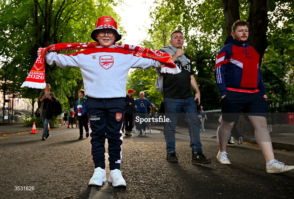 5 August 2026; Arsenal supporter Sean Hannon, from Athlone, before the pre-season friendly match between Arsenal and Real Betis at the Aviva Stadium in Dublin. Photo by Tyler Miller/Sportsfile