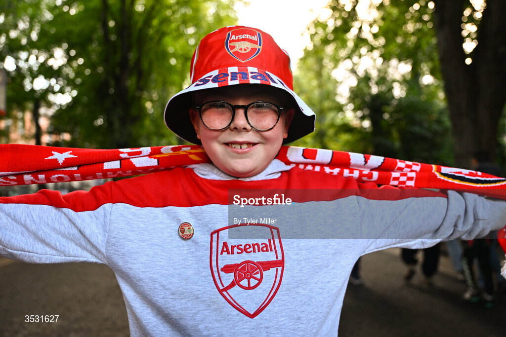 5 August 2026; Arsenal supporter Sean Hannon, from Athlone, before the pre-season friendly match between Arsenal and Real Betis at the Aviva Stadium in Dublin. Photo by Tyler Miller/Sportsfile