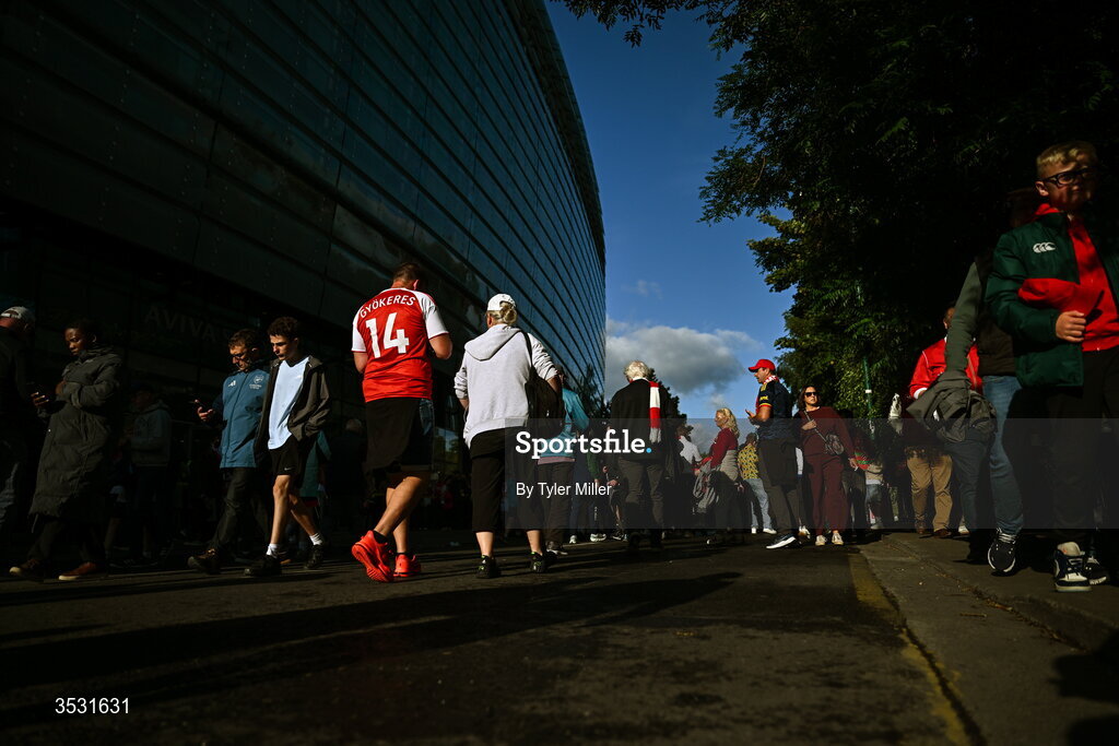 5 August 2026; Supporters outside the stadium before the pre-season friendly match between Arsenal and Real Betis at the Aviva Stadium in Dublin. Photo by Tyler Miller/Sportsfile