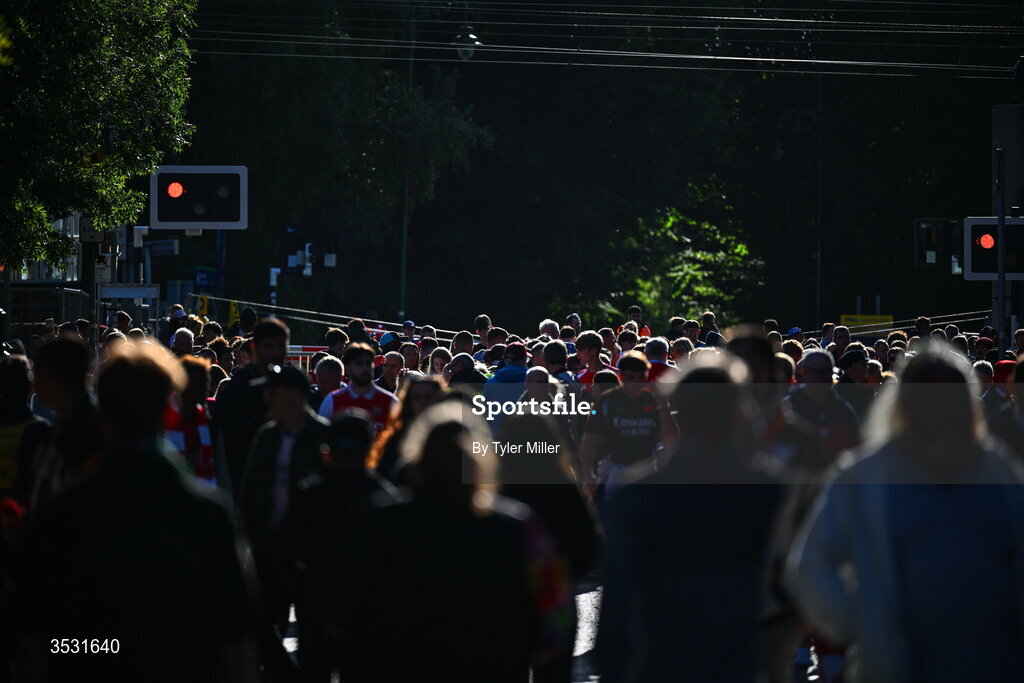 5 August 2026; Supporters outside the stadium before the pre-season friendly match between Arsenal and Real Betis at the Aviva Stadium in Dublin. Photo by Tyler Miller/Sportsfile