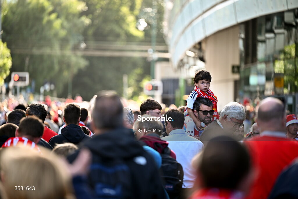 5 August 2026; Arsenal supporters before the pre-season friendly match between Arsenal and Real Betis at the Aviva Stadium in Dublin. Photo by Tyler Miller/Sportsfile