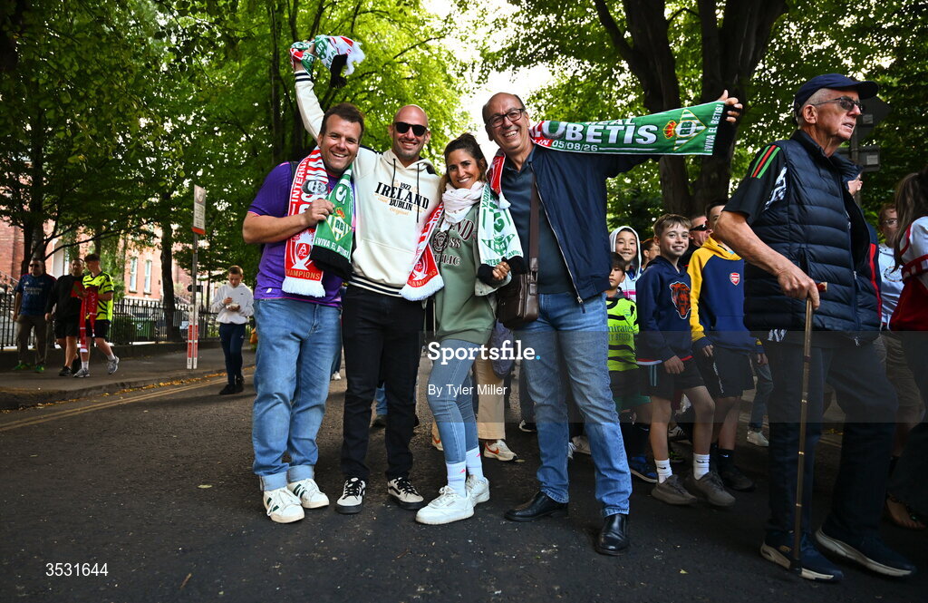5 August 2026; Real Betis supporters before the pre-season friendly match between Arsenal and Real Betis at the Aviva Stadium in Dublin. Photo by Tyler Miller/Sportsfile