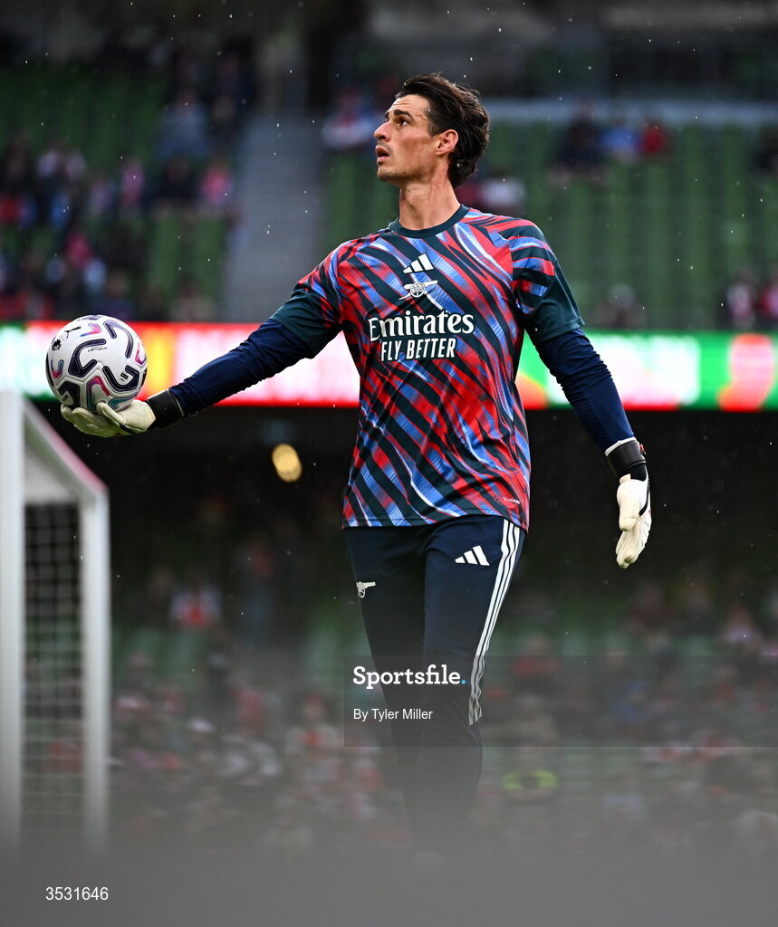 5 August 2026; Arsenal goalkeeper Kepa Arrizabalaga warms up before the pre-season friendly match between Arsenal and Real Betis at the Aviva Stadium in Dublin. Photo by Tyler Miller/Sportsfile