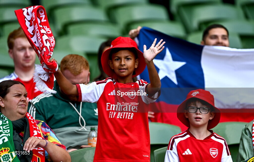 5 August 2026; An Arsenal supporter before the pre-season friendly match between Arsenal and Real Betis at the Aviva Stadium in Dublin. Photo by Tyler Miller/Sportsfile