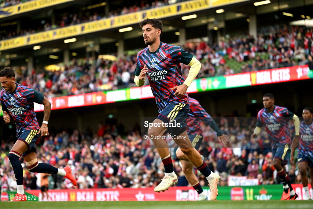 5 August 2026; Kai Havertz of Arsenal warms up before the pre-season friendly match between Arsenal and Real Betis at the Aviva Stadium in Dublin. Photo by Stephen McCarthy/Sportsfile
