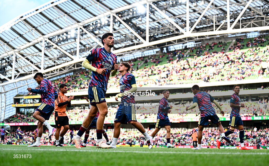 5 August 2026; Kai Havertz of Arsenal warms up before the pre-season friendly match between Arsenal and Real Betis at the Aviva Stadium in Dublin. Photo by Stephen McCarthy/Sportsfile