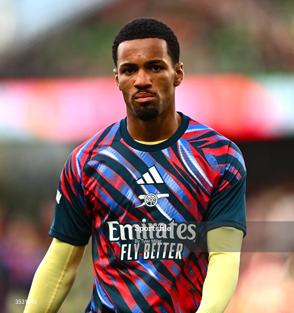 5 August 2026; Gabriel Magalhães of Arsenal before the pre-season friendly match between Arsenal and Real Betis at the Aviva Stadium in Dublin. Photo by Tyler Miller/Sportsfile