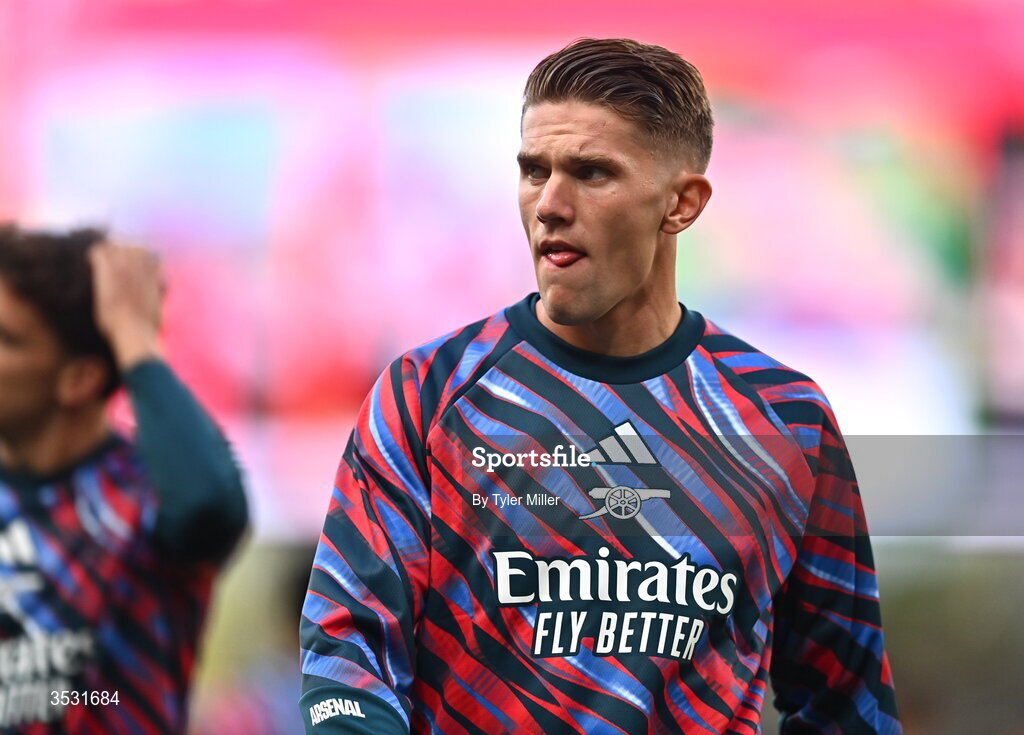 5 August 2026; Viktor Gyökeres of Arsenal warms up before the pre-season friendly match between Arsenal and Real Betis at the Aviva Stadium in Dublin. Photo by Tyler Miller/Sportsfile