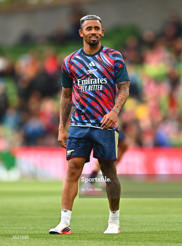 5 August 2026; Gabriel Jesus of Arsenal before the pre-season friendly match between Arsenal and Real Betis at the Aviva Stadium in Dublin. Photo by Tyler Miller/Sportsfile