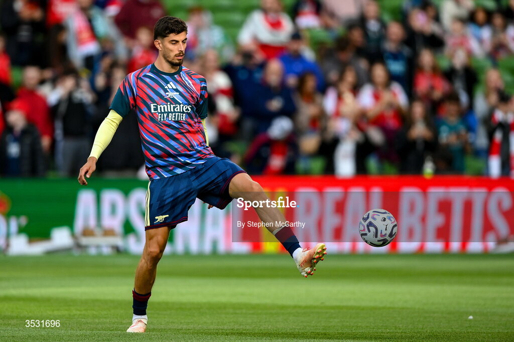 5 August 2026; Kai Havertz of Arsenal warms up before the pre-season friendly match between Arsenal and Real Betis at the Aviva Stadium in Dublin. Photo by Stephen McCarthy/Sportsfile