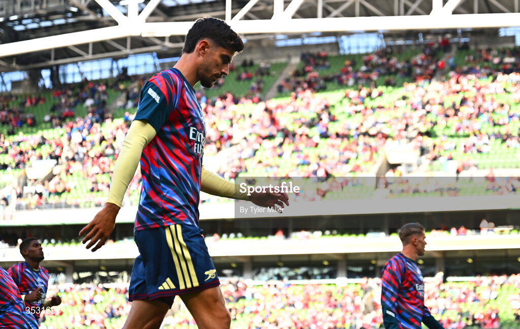 5 August 2026; Kai Havertz of Arsenal warms up before the pre-season friendly match between Arsenal and Real Betis at the Aviva Stadium in Dublin. Photo by Tyler Miller/Sportsfile