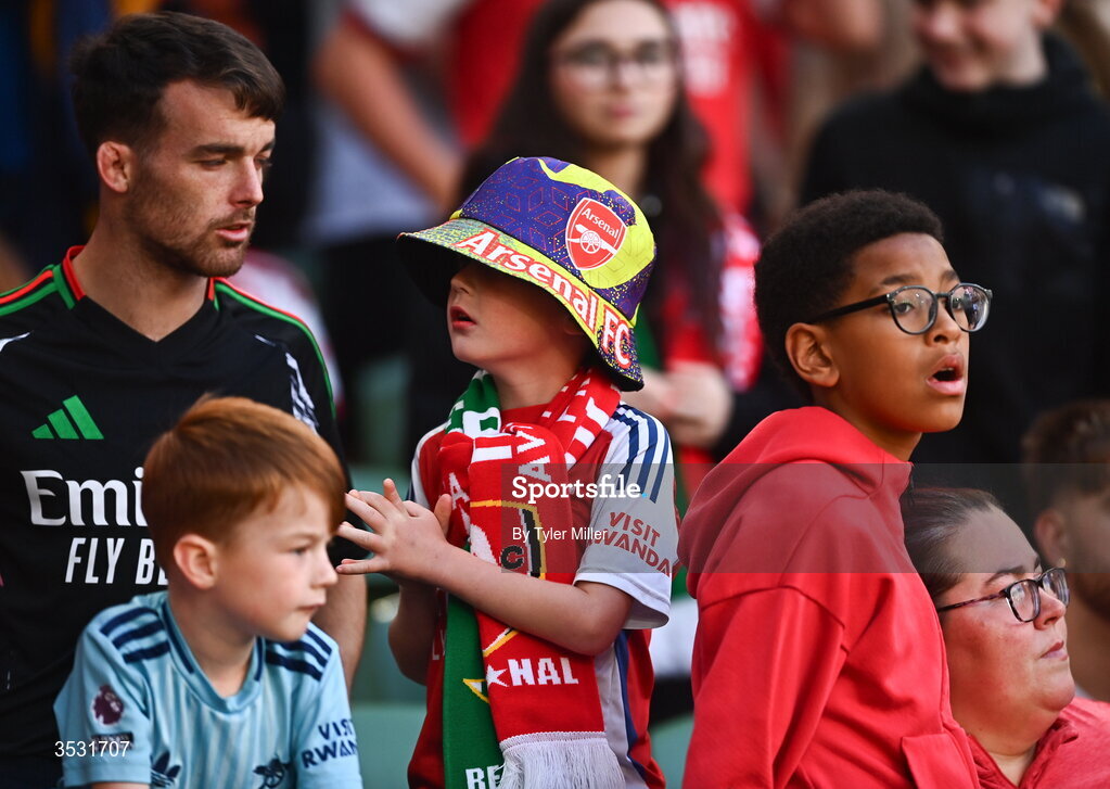 5 August 2026; Arsenal supporters before the pre-season friendly match between Arsenal and Real Betis at the Aviva Stadium in Dublin. Photo by Tyler Miller/Sportsfile
