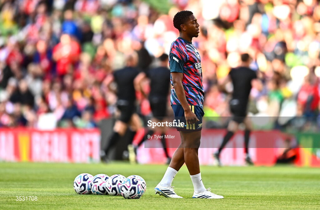 5 August 2026; Myles Lewis-Skelly of Arsenal before the pre-season friendly match between Arsenal and Real Betis at the Aviva Stadium in Dublin. Photo by Tyler Miller/Sportsfile