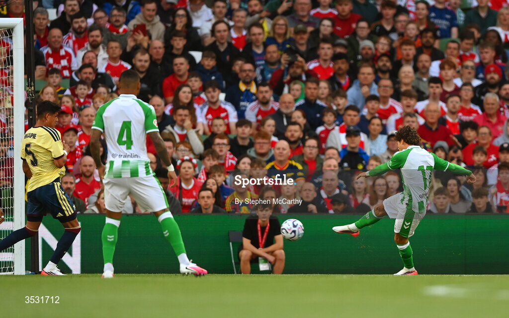 5 August 2026; Rodrigo Riquelme of Real Betis scores his side's first goal during the pre-season friendly match between Arsenal and Real Betis at the Aviva Stadium in Dublin. Photo by Stephen McCarthy/Sportsfile